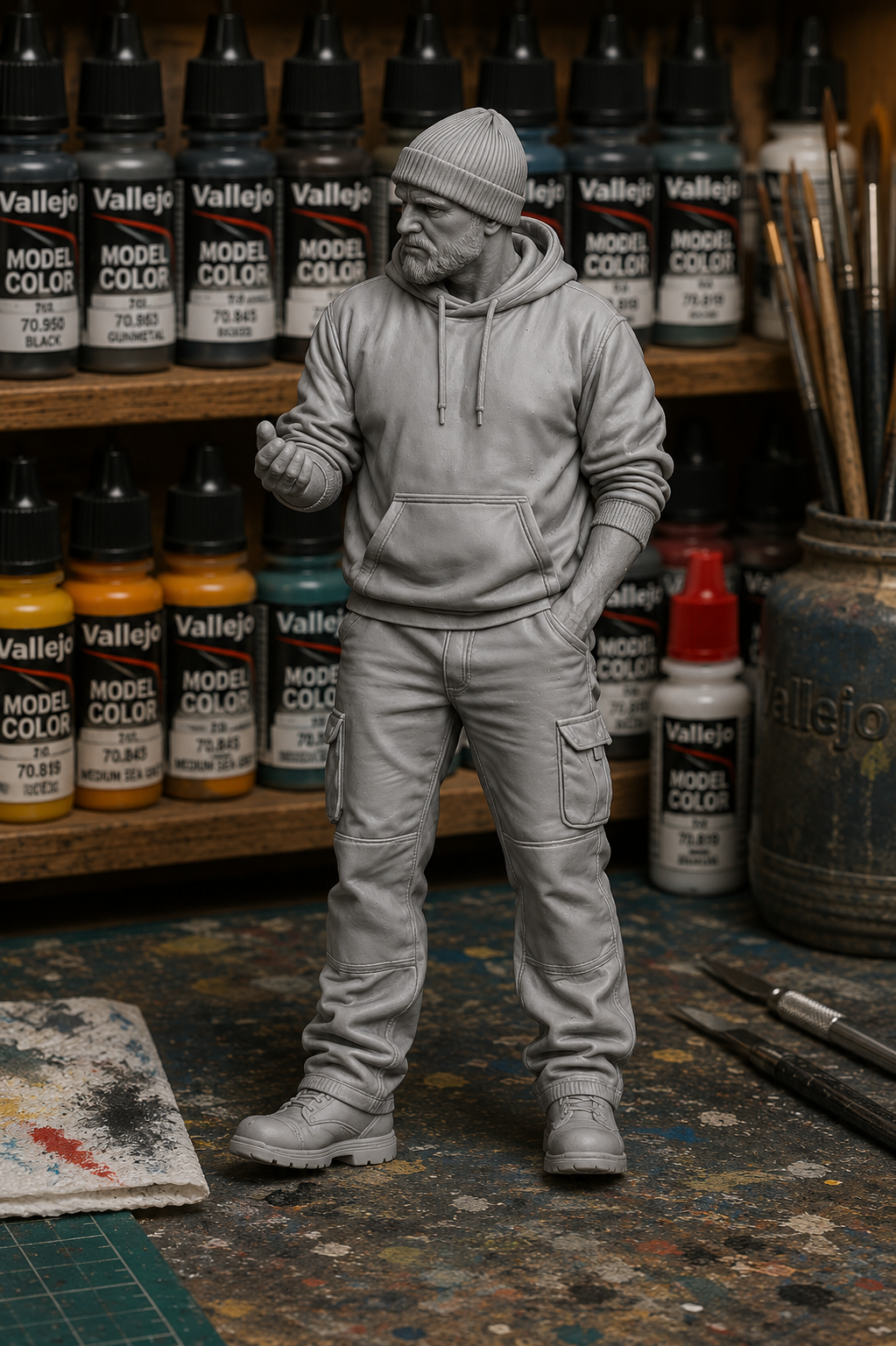M120 Scale Model Crew or Mechanic Figure in Hoodie and Beanie – Open Hand Conversation Pose – Multi Scale – Unpainted