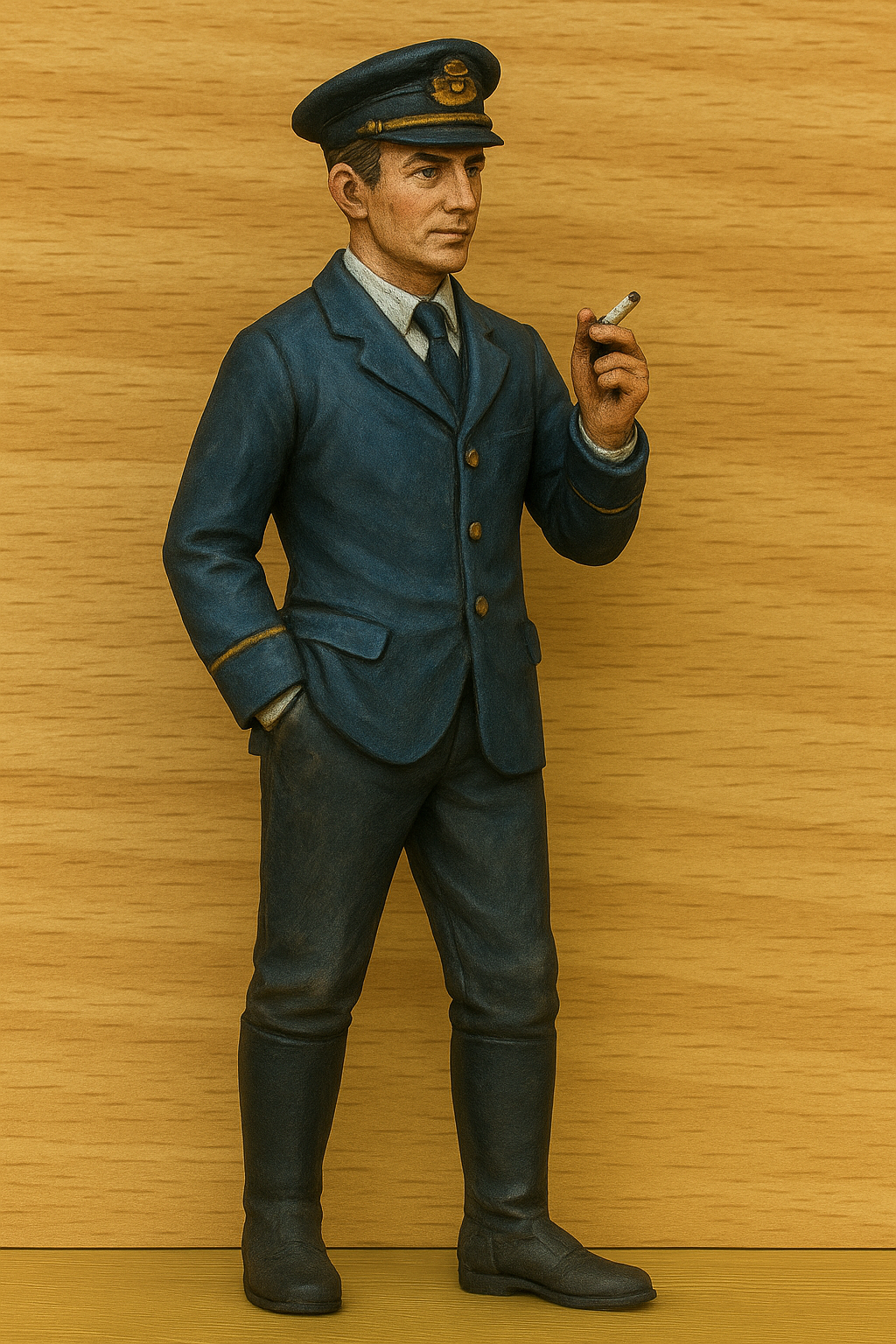 Detailed Edwardian naval officer smoking, leaning against wall. Multi-scale figure for ship models, dioramas, and historic railways.