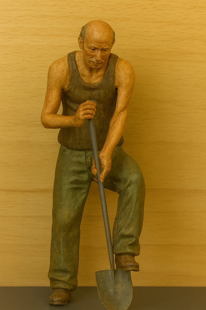 Man Shovelling with One Foot on the Spade. This 3D printed figure