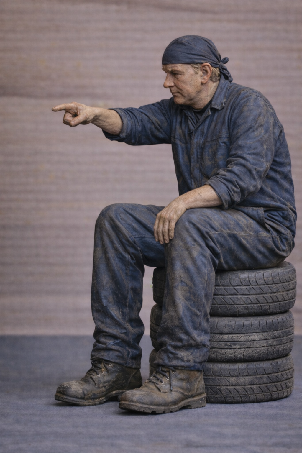 M82 Scale Model Truck Mechanic in Seated Pose Pointing Unpainted