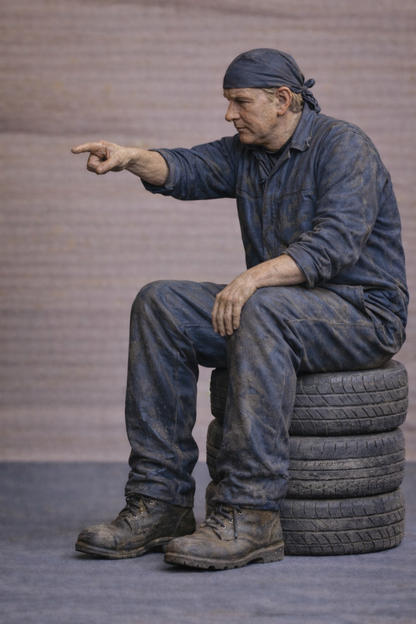 M82 Scale Model Truck Mechanic in Seated Pose Pointing Unpainted