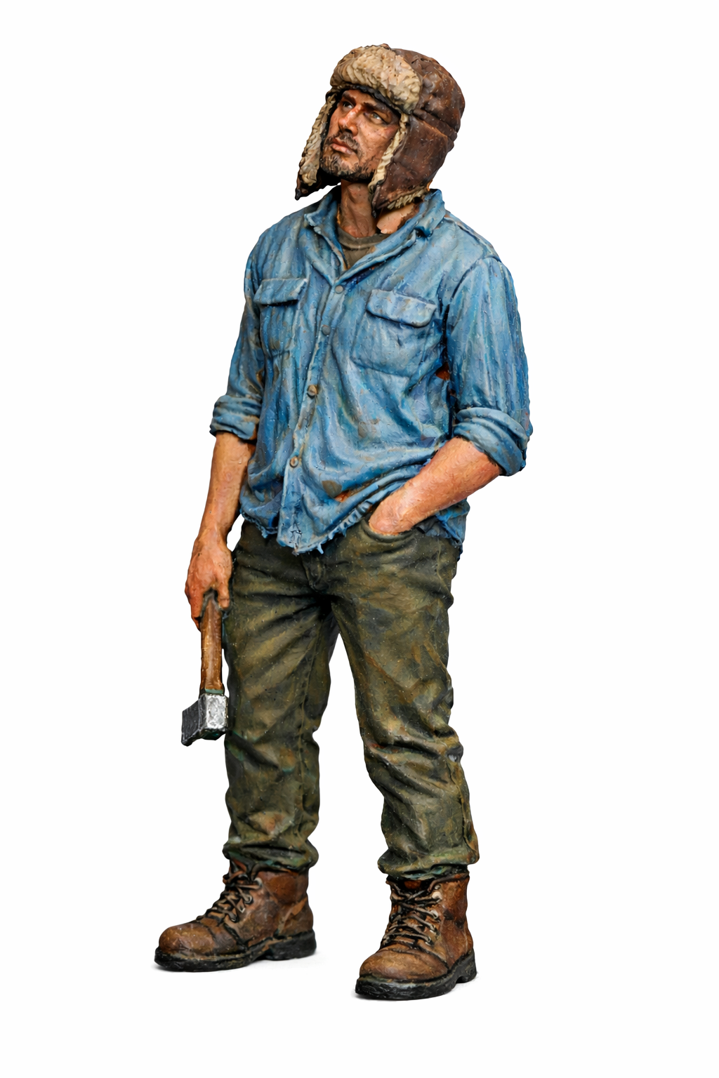 Person wearing a denim shirt, fur hat, and green pants holding an axe on a white background