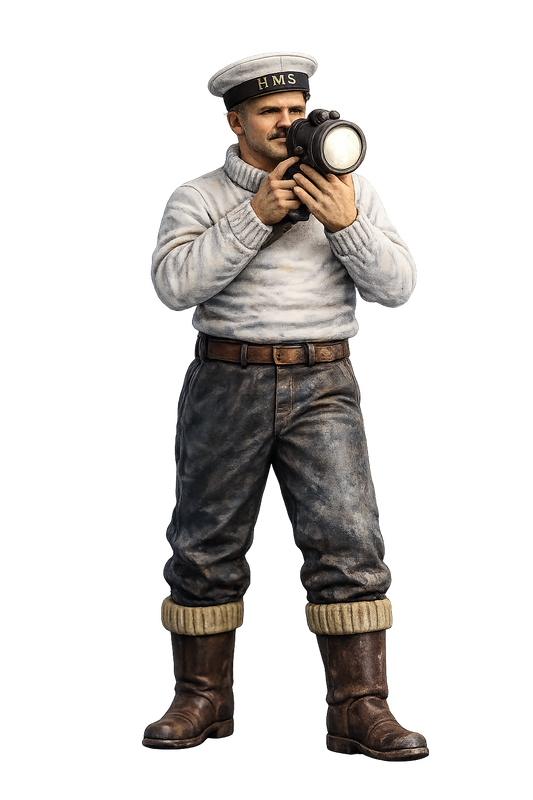 N16 WWII Naval Crew Figure – Sweater and Naval Ratings Cap, Signaling with Hand-Held Lamp – Unpainted Multi-Scale