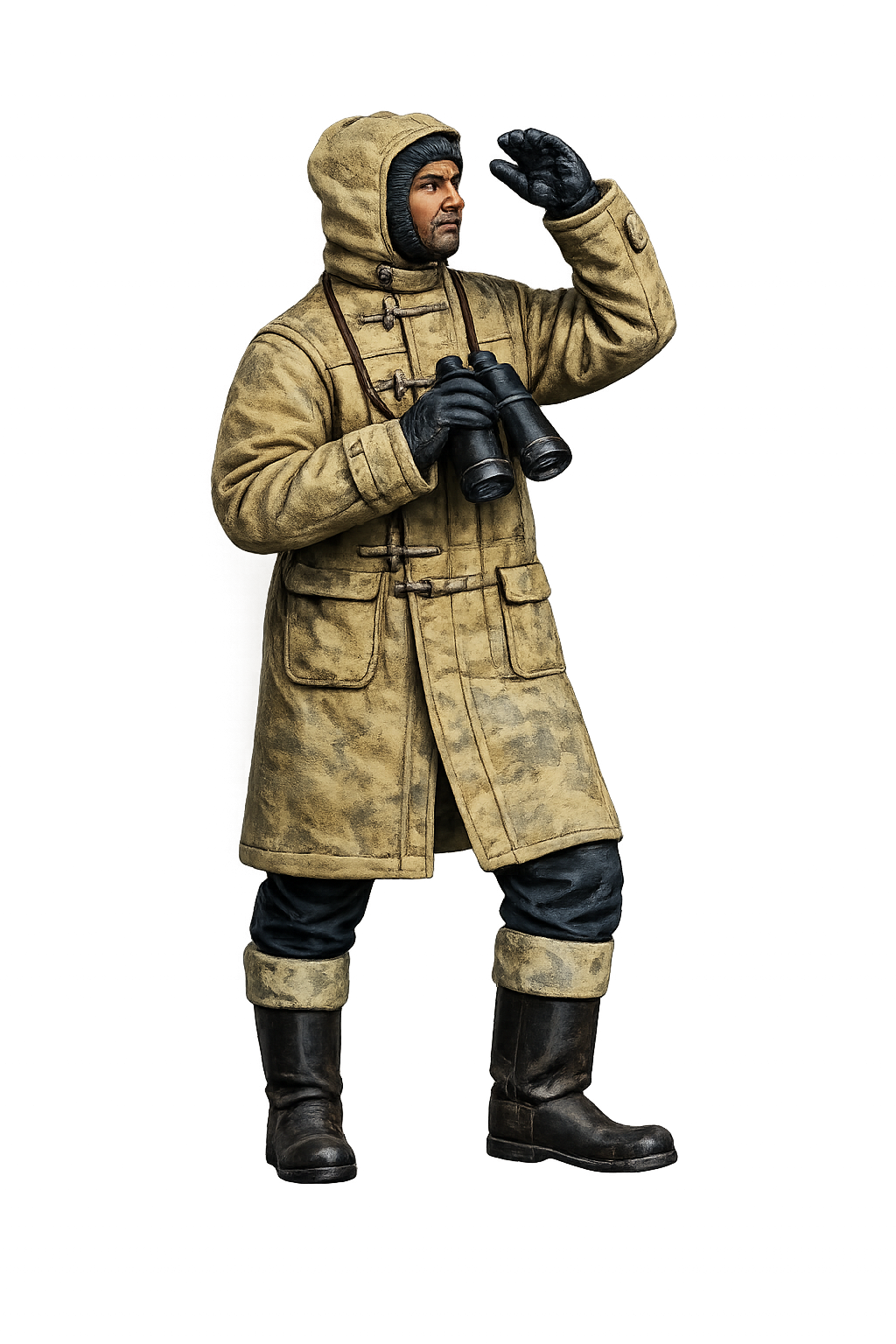 N19 Naval Crew Figure – Cold Weather Duffle Coat, Holding Binoculars – Unpainted Multi-Scale