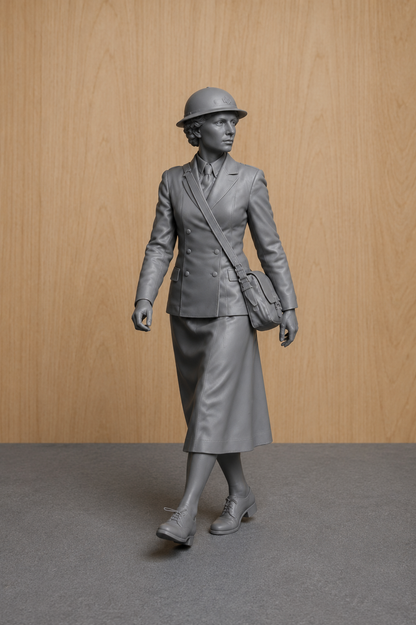 N87 WWII WREN – Walking with Steel Helmet & Service Satchel – Unpainted Scale Model Figure
