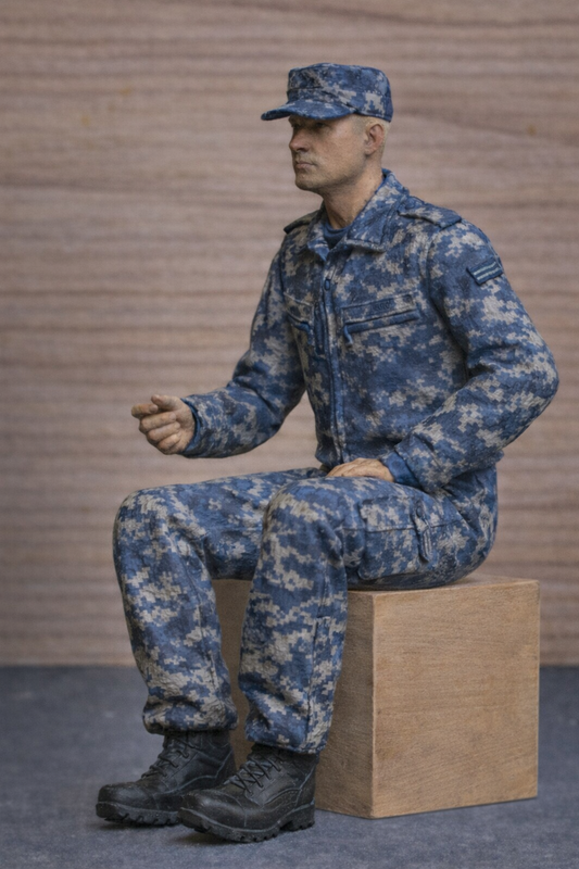 N8 Seated Modern Crew Figure – Uniformed, Multi-Scale, Military-Style Soft Cap