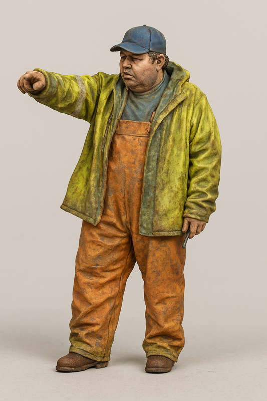 TG42 – Modern Scale Model Ship Crewman Pointing | Waterproofs & Sports Cap | Andrea Gail Style Figure