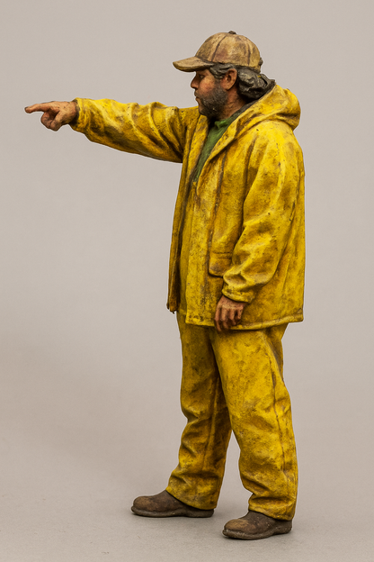 TG42 – Modern Scale Model Ship Crewman Pointing | Waterproofs & Sports Cap | Andrea Gail Style Figure