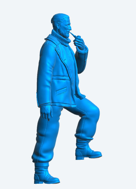 TG64 Royal Navy MGB / Armed Trawler Deck Crew Figure – 1/48 Scale, Submariner Sweater, Bearded, Smoking Pipe, One Foot on Bollard or Crate