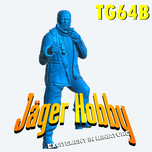 TG64B 1/32 Vosper MTB Model Crew Figure – Smoking Pipe, Holding Binoculars, Submariner Sweater, Bearded, One Foot Raised