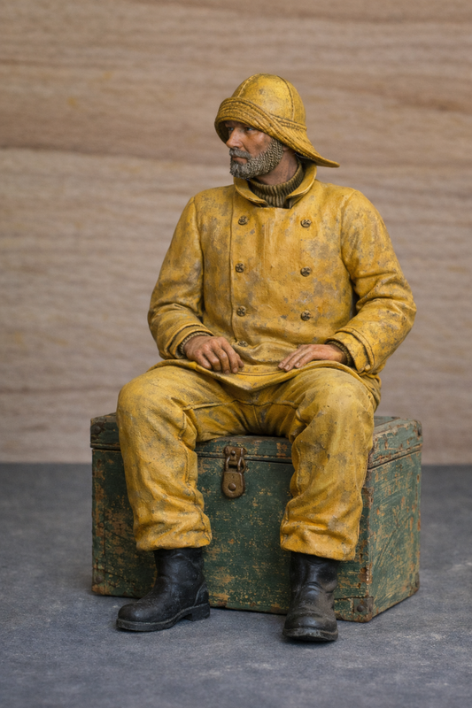 TG66 Seated Sailing Ship Crew Figure – Oilskin Coat, Sou’wester Hat, Unpainted