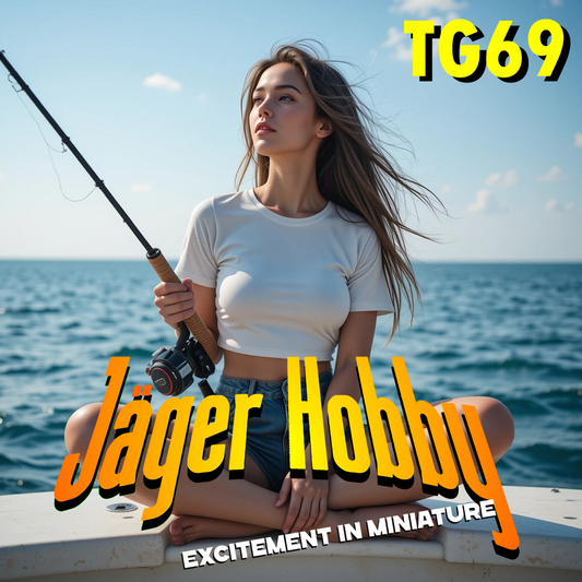 TG69 Scale Model Fishing Woman – Modern Figure Sitting Cross-Legged with Rod, Denim Shorts and Cut-Off T-Shirt