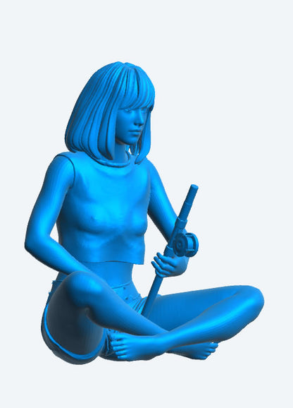 TG69 Scale Model Fishing Woman – Modern Figure Sitting Cross-Legged with Rod, Denim Shorts and Cut-Off T-Shirt