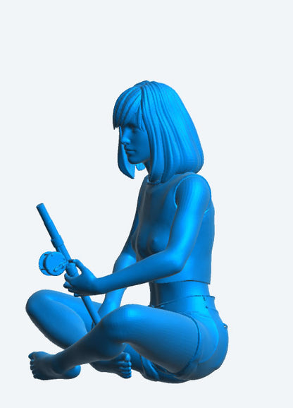 TG69 Scale Model Fishing Woman – Modern Figure Sitting Cross-Legged with Rod, Denim Shorts and Cut-Off T-Shirt