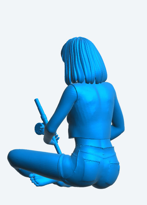 TG69 Scale Model Fishing Woman – Modern Figure Sitting Cross-Legged with Rod, Denim Shorts and Cut-Off T-Shirt