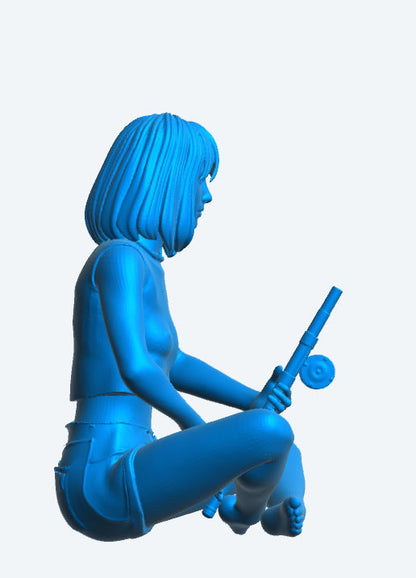 TG69 Scale Model Fishing Woman – Modern Figure Sitting Cross-Legged with Rod, Denim Shorts and Cut-Off T-Shirt