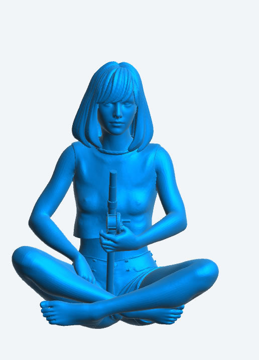 TG69 Scale Model Fishing Woman – Modern Figure Sitting Cross-Legged with Rod, Denim Shorts and Cut-Off T-Shirt