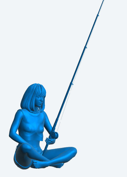TG69 Scale Model Fishing Woman – Modern Figure Sitting Cross-Legged with Rod, Denim Shorts and Cut-Off T-Shirt