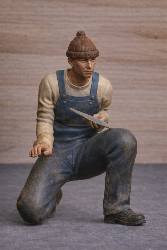 TG71d  Scale Model Kneeling Fishing Boat Crewman with Fish Unpainted