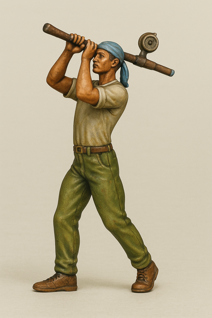 Statue of a man holding a tool against a beige background