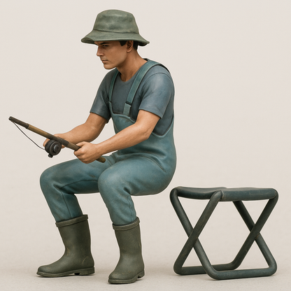 scale model crew figure Man in green overalls and hat sitting on a modern stool, holding a fishing rod.