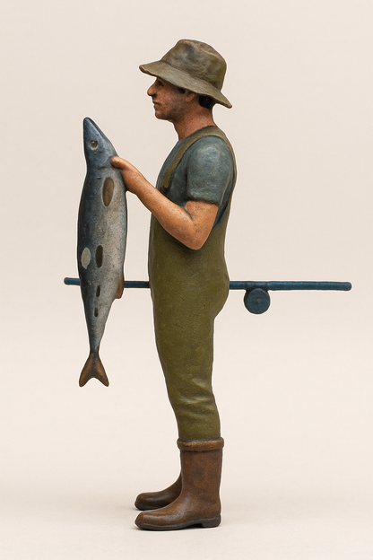 Fisherman Holding Rod and Fish Scale Model Figure