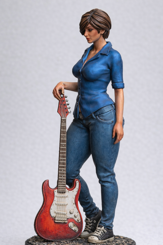 W55 – Woman Guitarist (Guitar Down Pose) Unpainted Scale Model Female Figure