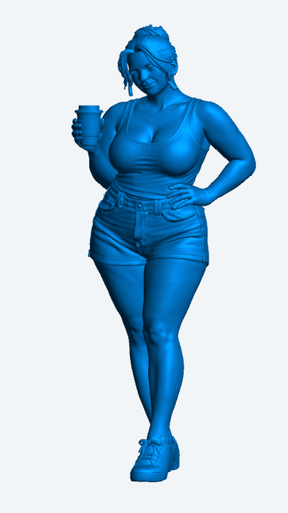 W80 Young Woman with Coffee Cup Figure – Casual Modern Female Miniature UNPAINTED