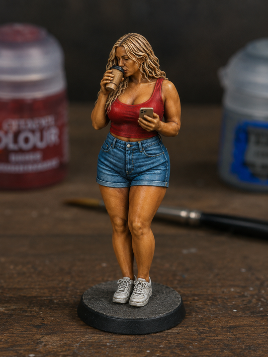 W81 Young Woman Sipping Coffee and Checking Phone Figure – Modern Casual Female Miniature UNPAINTED